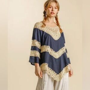 Umgee navy cream crochet pullover poncho style